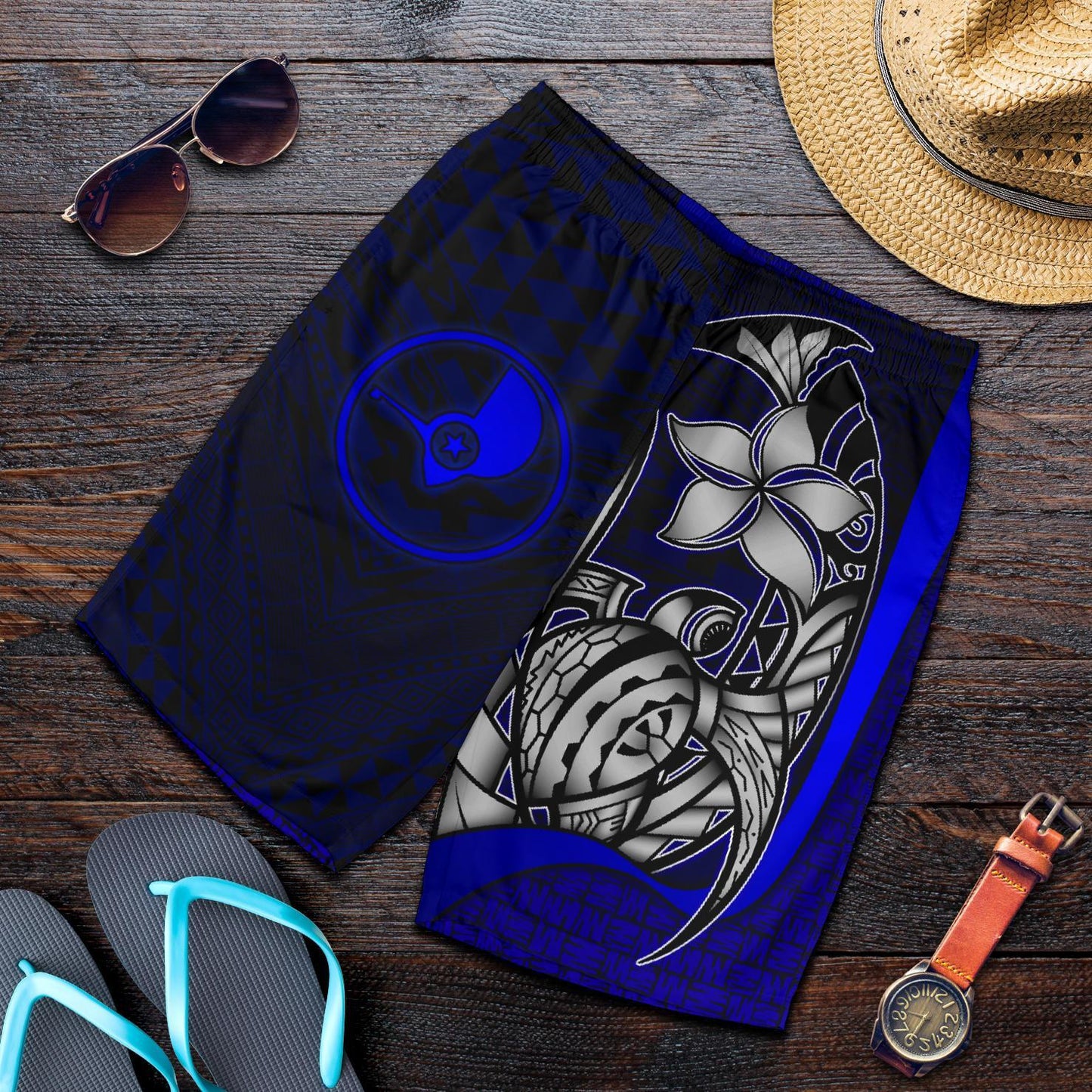 Yap Micronesian Herren Bermuda Shorts Blau - Schildkröte mit Haken
