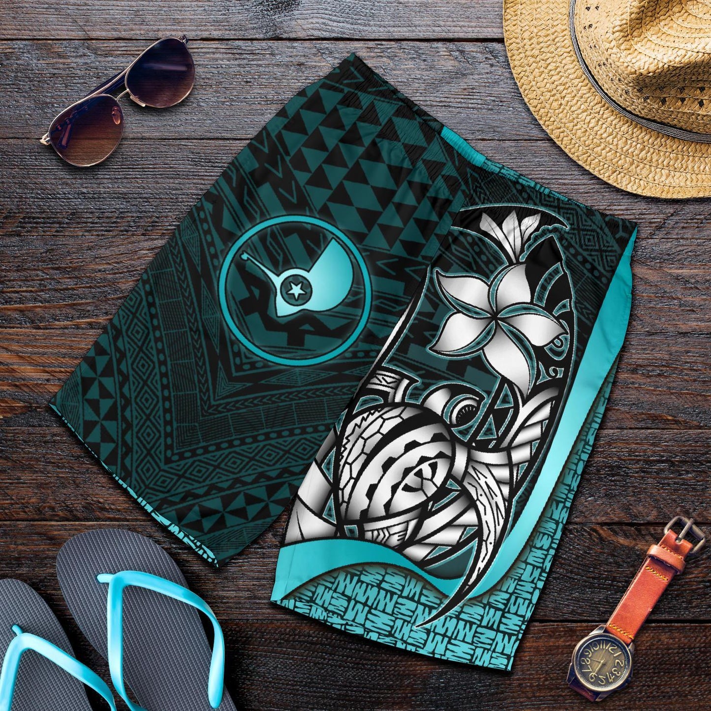 Yap Micronesian Herren Bermuda Shorts Türkis - Schildkröte mit Haken