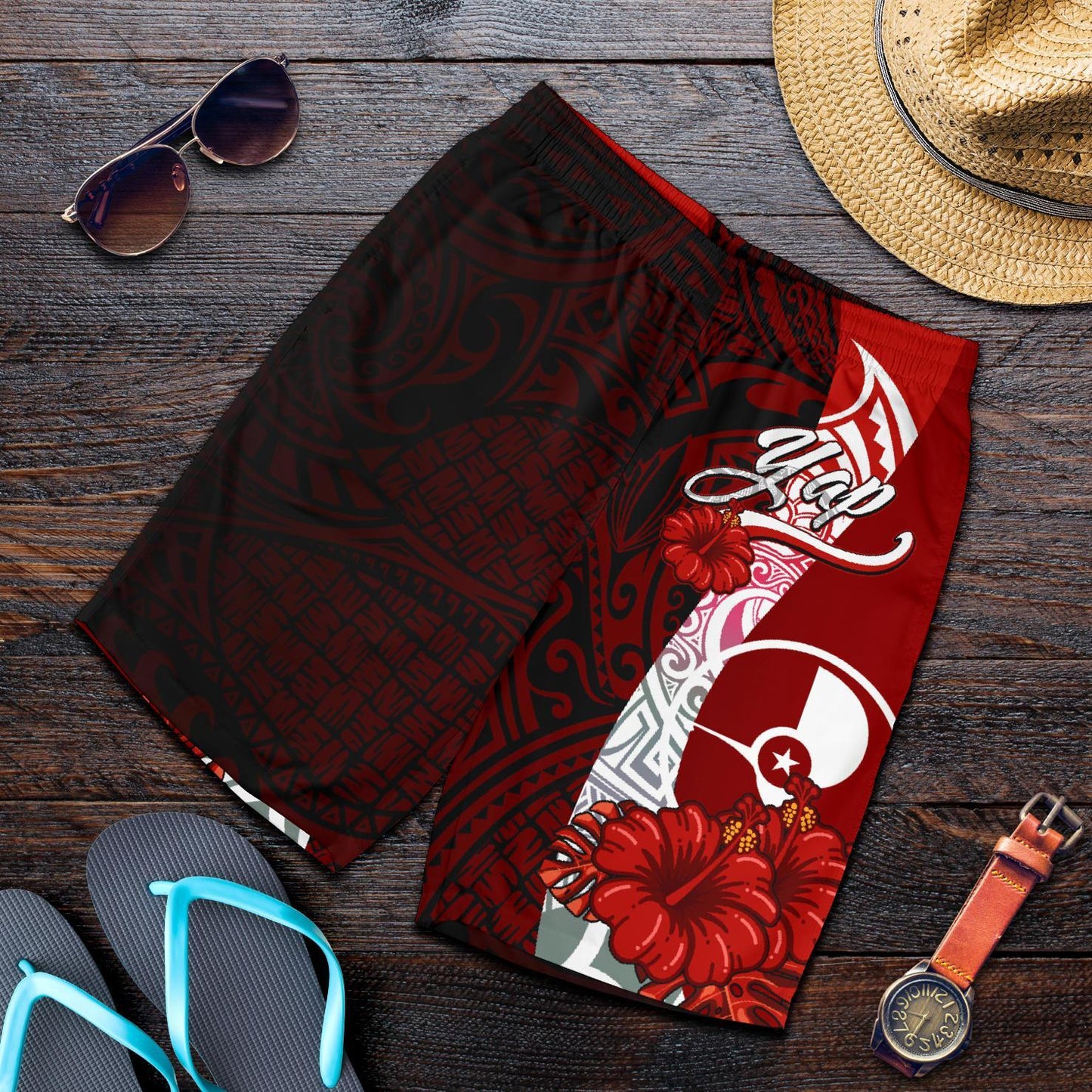 Yap Polynesian Herren Bermuda Shorts - Wappen mit Hibiskus