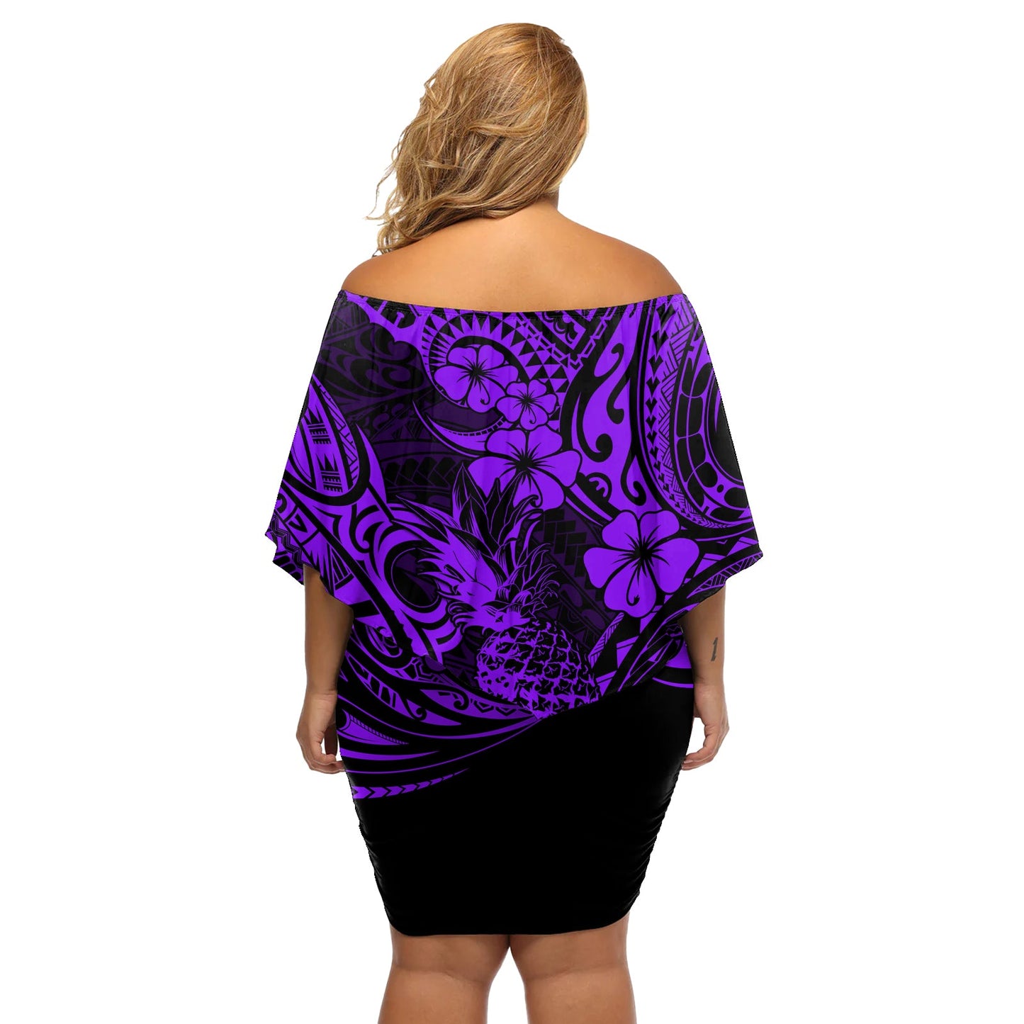 Hawaii Ananas Off Shoulder Kurzes Kleider Blumen Polynesianisches Muster Lila Version LT01