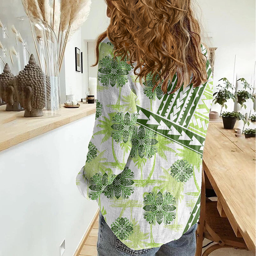 Hawaii Quilt Damen Freizeithemd Kakau Polynesian Muster Olivgrün Version LT01