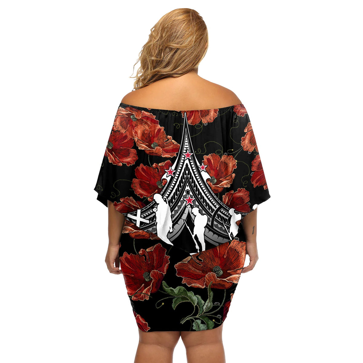 New Zealand ANZAC Day Schulterfreies, kurzes Kleid blumen in Mohnfarben mit polynesischem Muster LT01