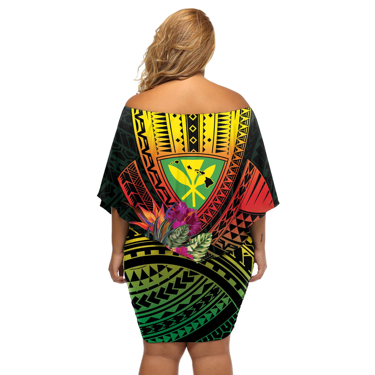 Hawaii Kanaka Maoli Flagge Tag Schulterfreies Kurzes Kleid mit blumen Tropische Blumen LT01