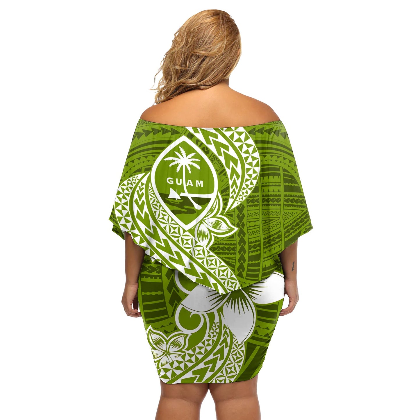 Hafa Adai Guam Off Shoulder Kurzes Kleid blumen Polynesisches Olivgrün Blau Muster LT01