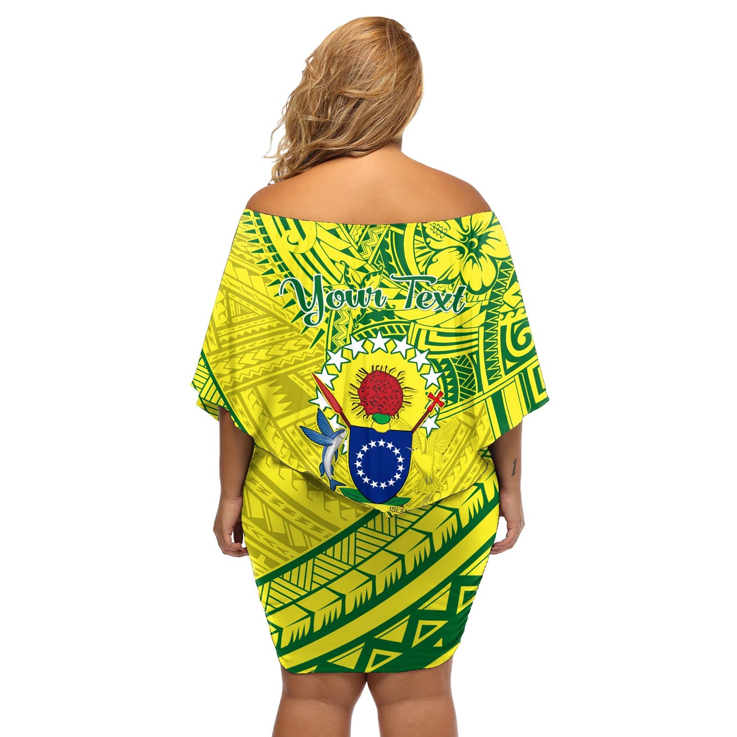 Kia Orana Cook Islands Schulterfreies Kurzes Kleid blumen Schildkröte Gelb Grün Polynesisches Muster LT01