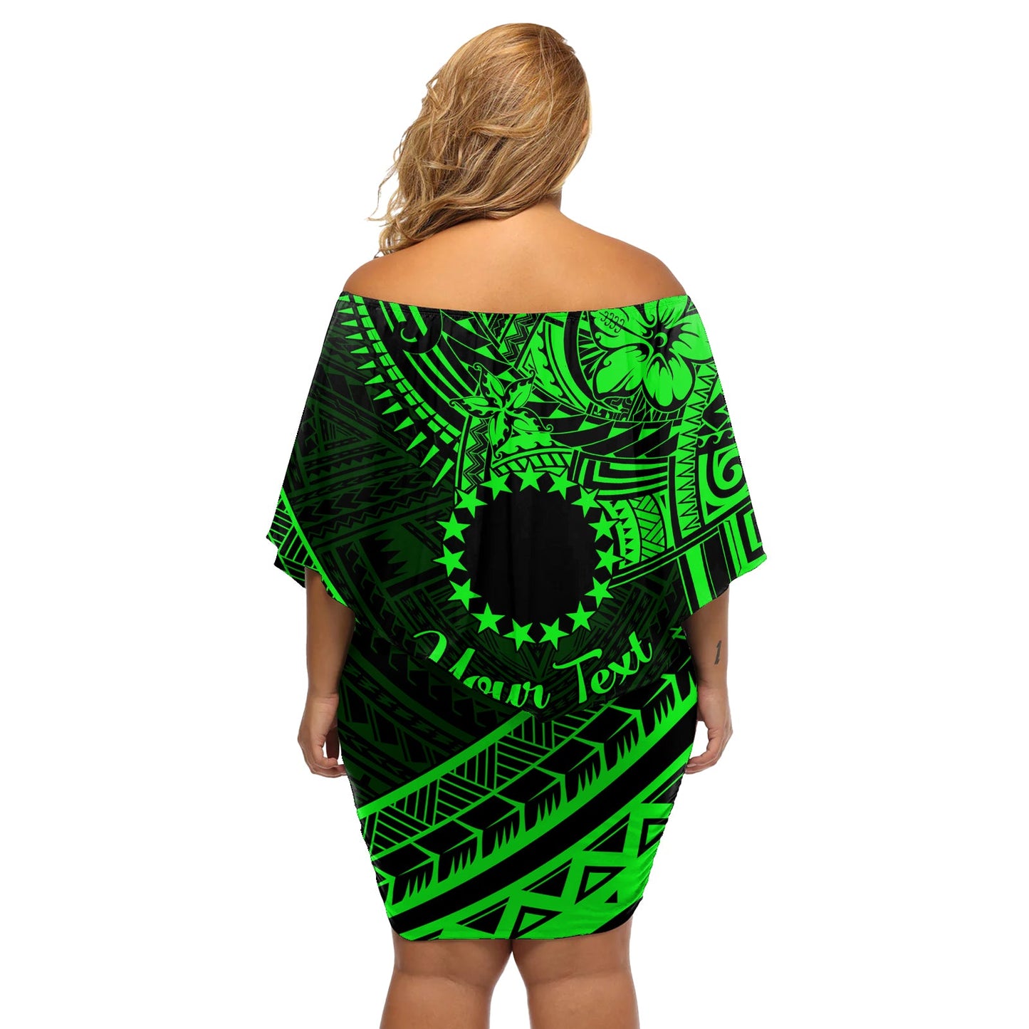 Kia Orana Cook Islands Schulterfreies, kurzes Kleid blumen mit Kreisen und Sternen und floralem grünem Muster LT01