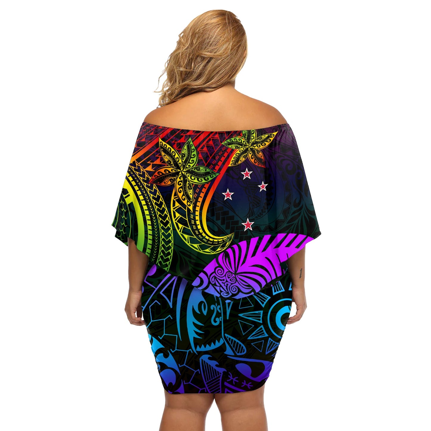 Wellington Pride schulterfreies kurzes Kleid blumen, Aotearoa Tribal Regenbogenmuster LT01
