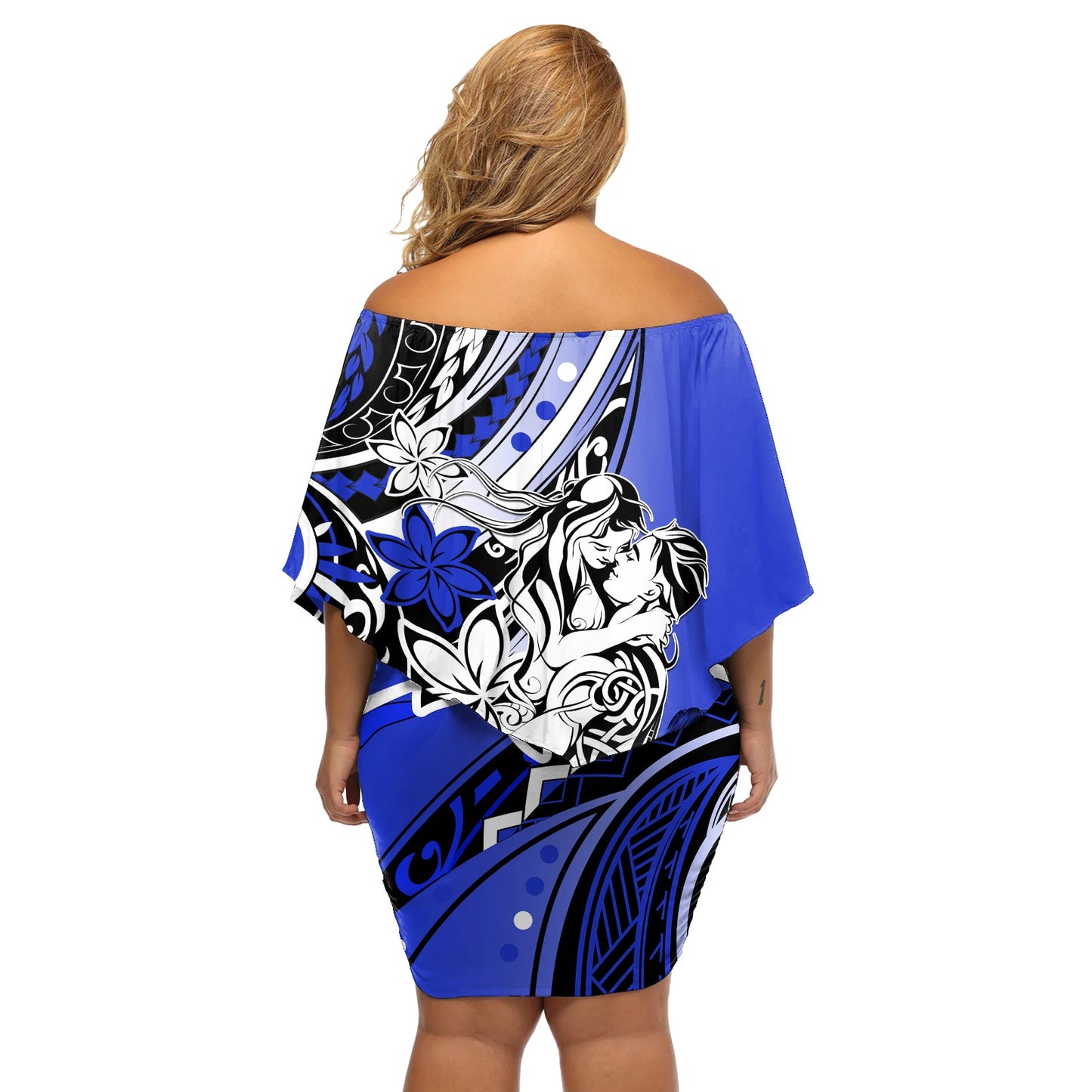 Polynesianisches Valentinstagskleid, schulterfrei, kurzes Kleid blumen, Paar, Blumenmuster, einzigartige blaue Version LT01