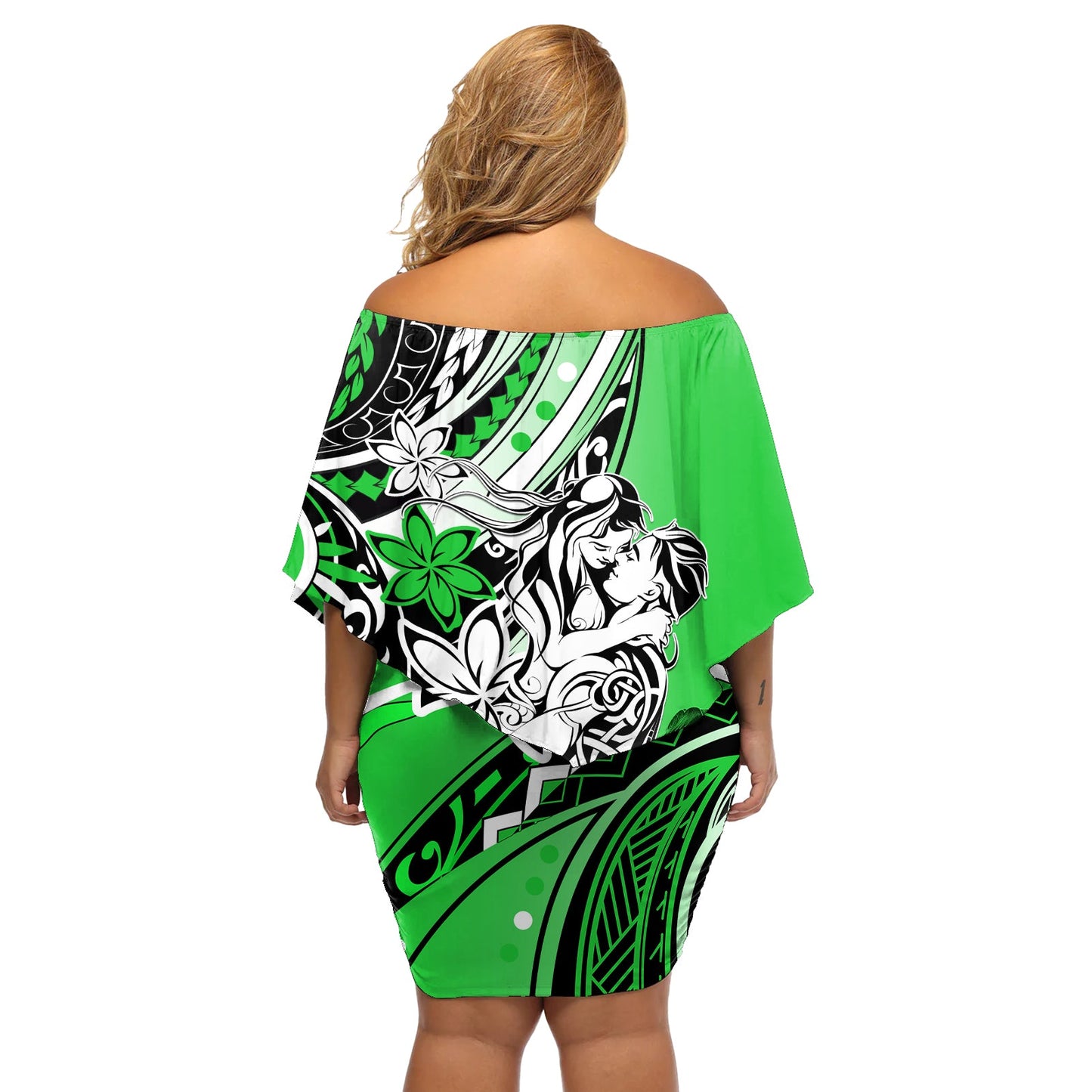 Polynesianisches Valentinstagskleid, schulterfrei, kurzes Kleid blumen, Paar, Blumenmuster, einzigartige grüne Version LT01