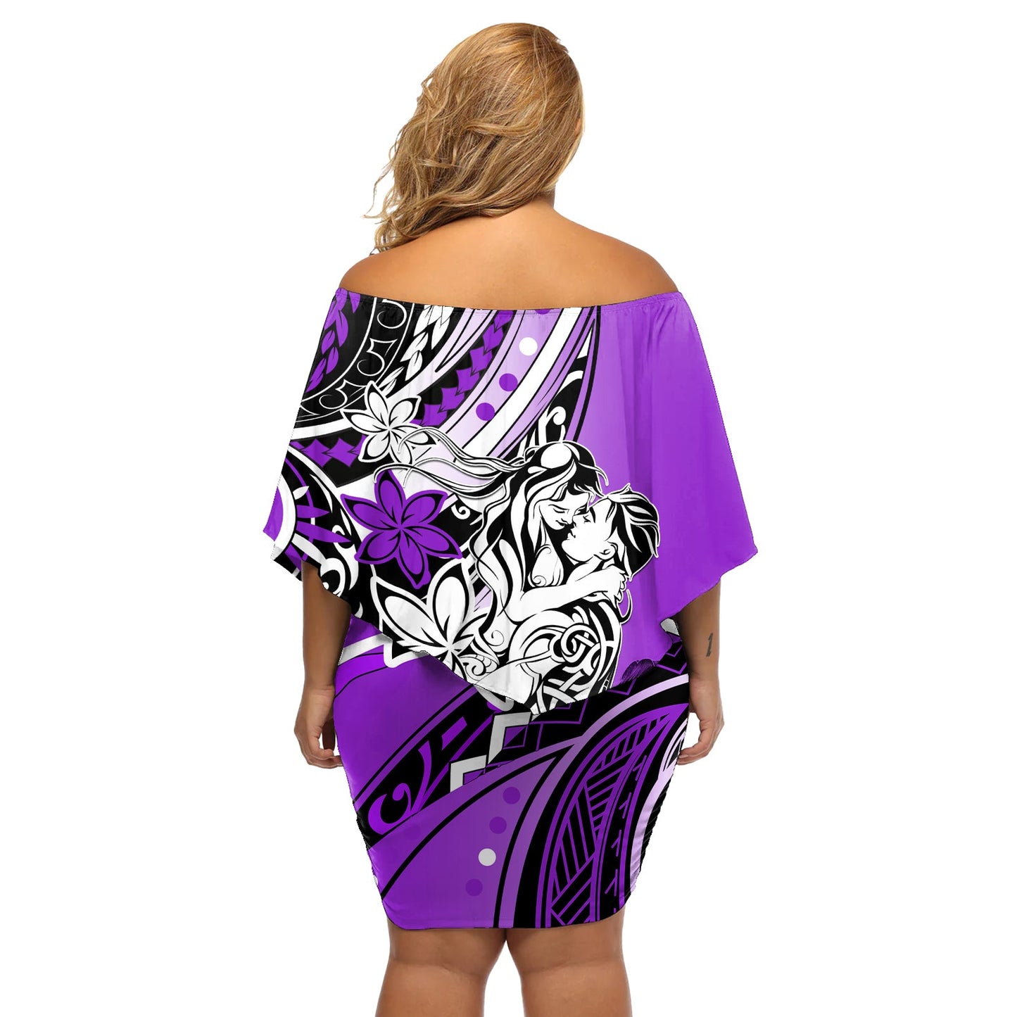 Polynesianisches Valentinstagskleid, schulterfrei, kurzes Kleid blumen, Paar, Blumenmuster, einzigartige lila Version LT01