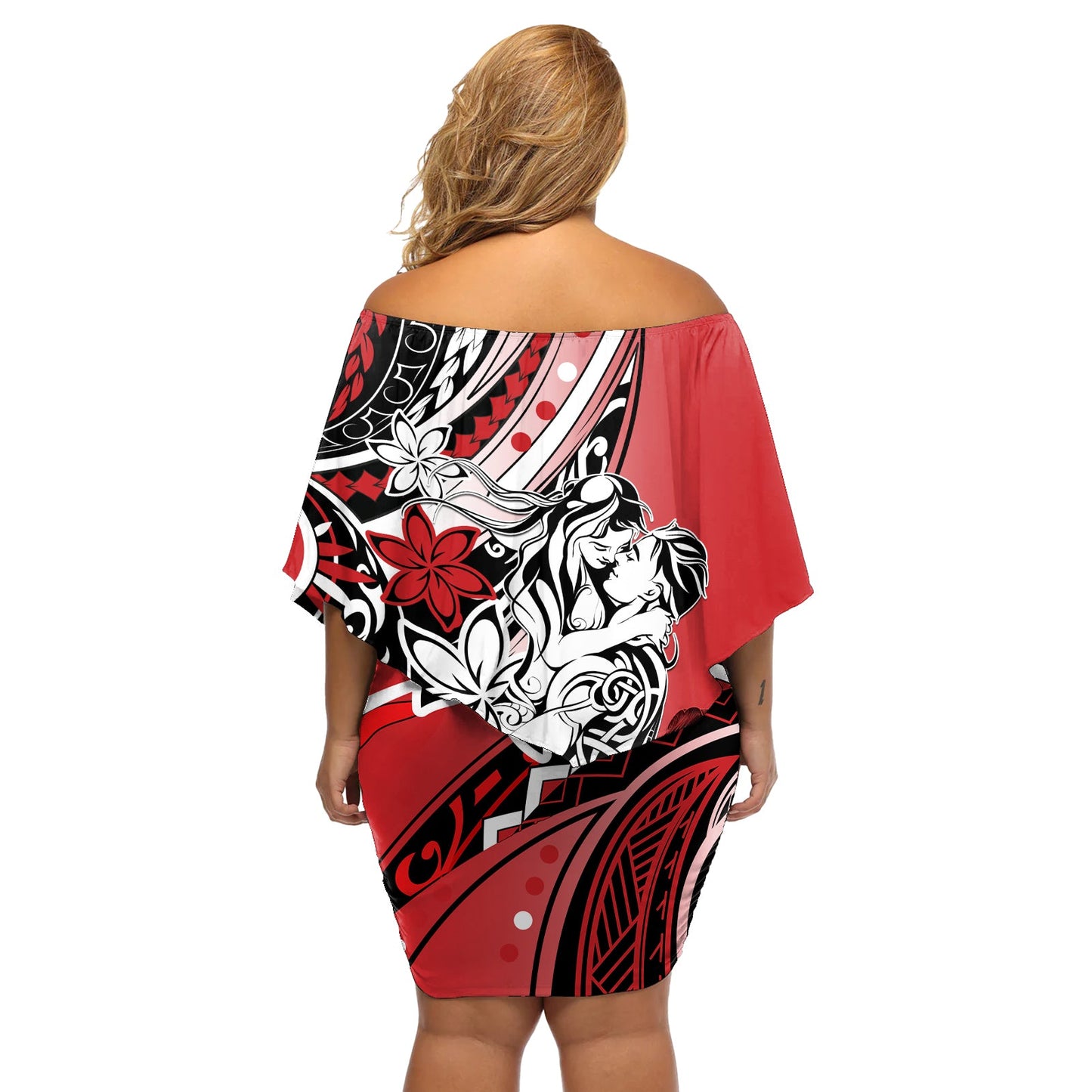 Polynesianisches Valentinstagskleid, schulterfrei, kurzes Kleid blumen, Paar, Blumenmuster, einzigartige rote Version LT01