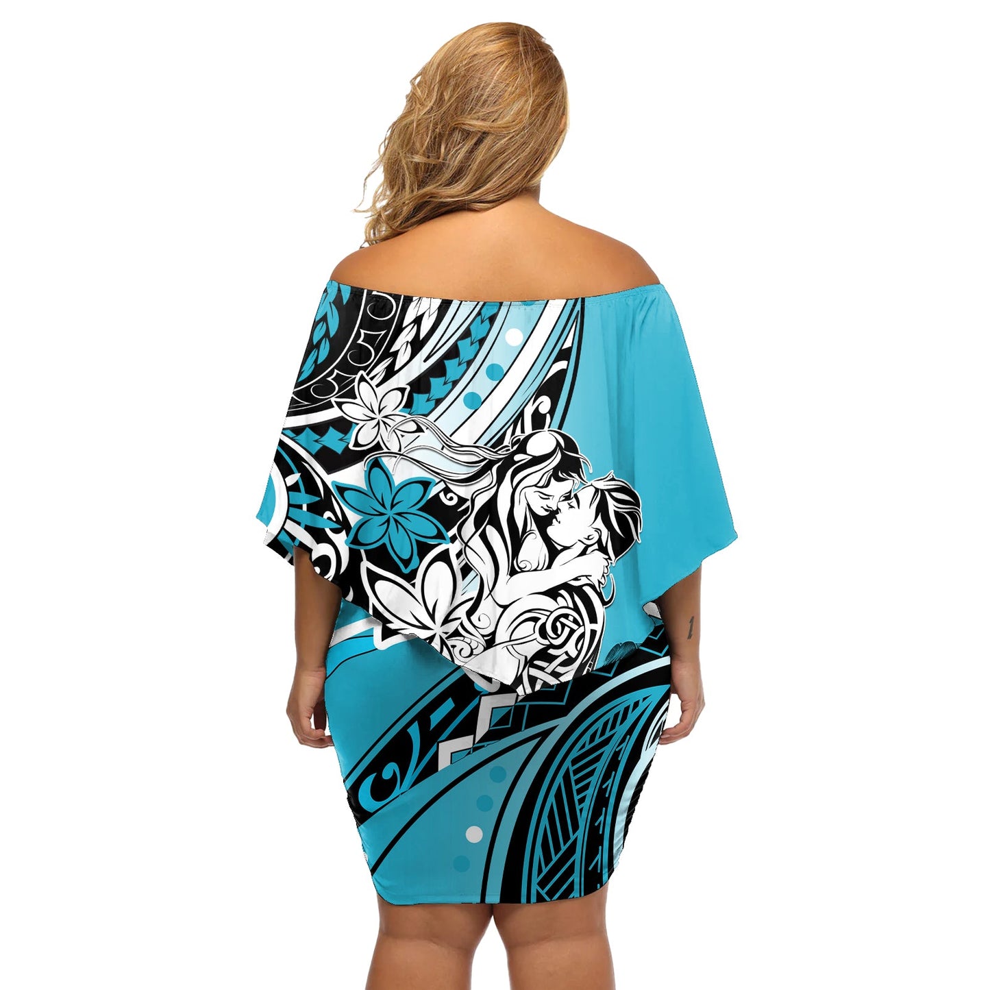 Polynesianisches Valentinstagskleid, schulterfrei, kurzes Kleid blumen, Paar, Blumenmuster, Unikat, himmelblau, Version LT01