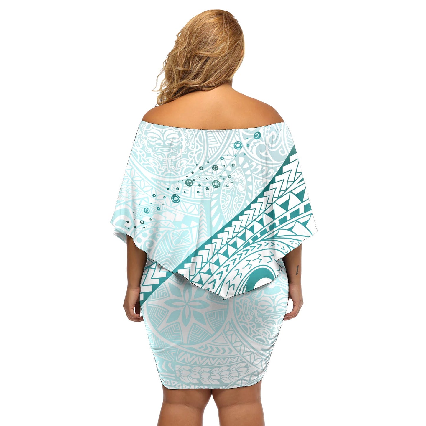 Pasifika Festival Off Shoulder Kurzes Kleid blumen Tribal Muster Teal Version LT01