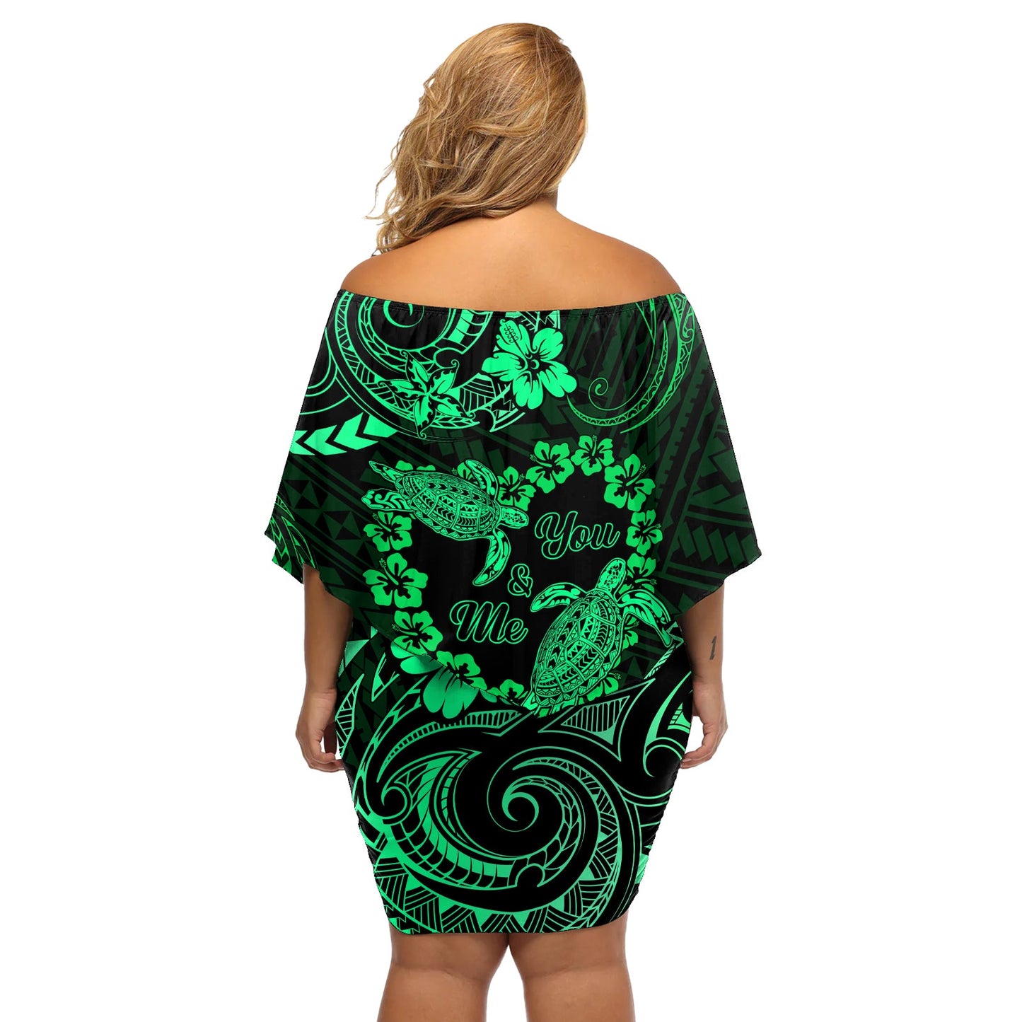 Polynesian Turtle Valentine Off Shoulder Kurzes Kleid blumen You And Me Grünes Hibiskusherz LT01