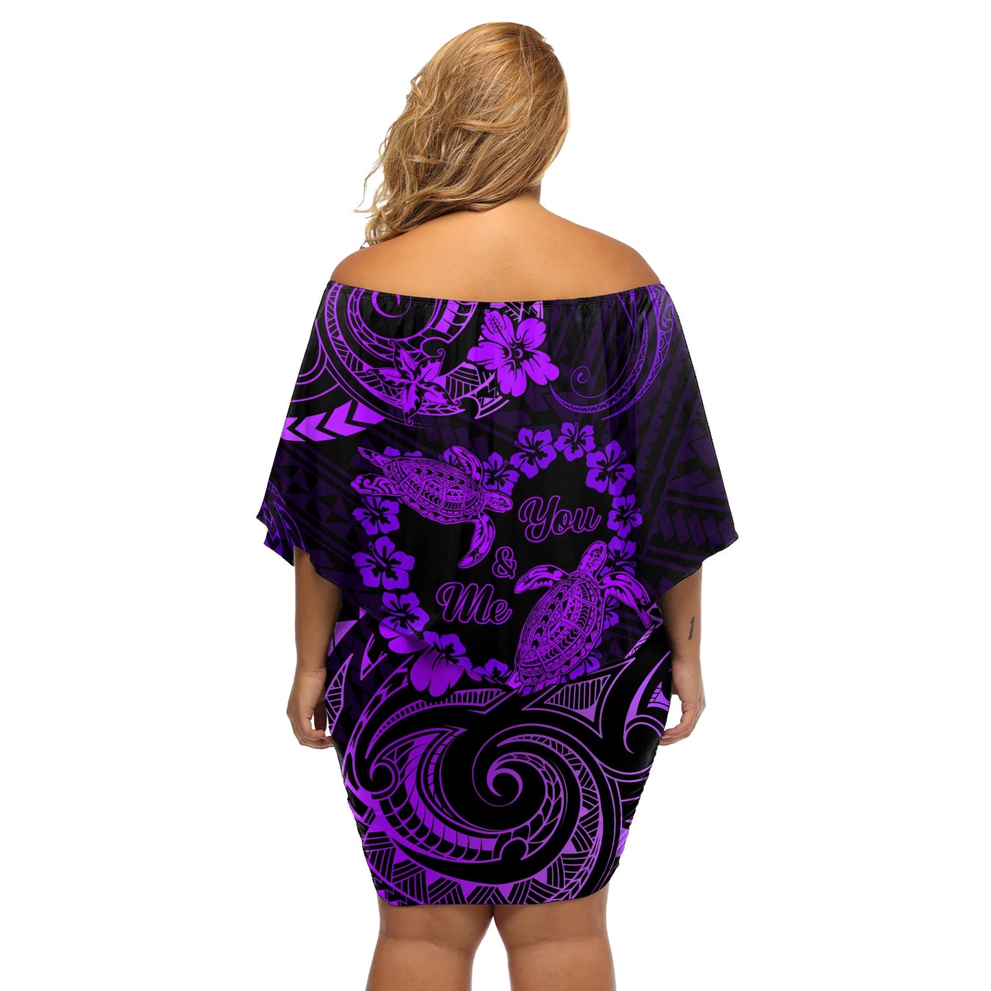 Polynesian Turtle Valentine Off Shoulder Kurzes Kleid blumen You And Me Lila Hibiskus Herz LT01