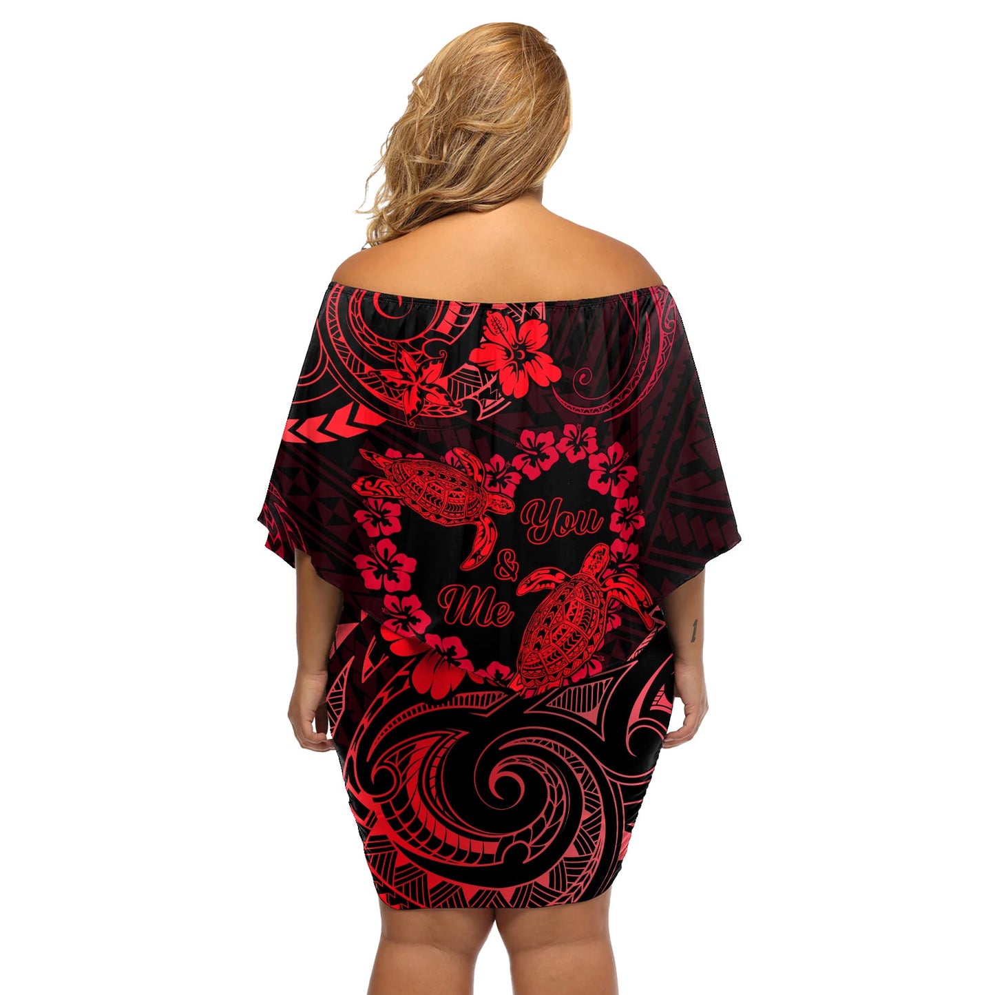 Polynesian Turtle Valentine Schulterfreies Kurzes Kleid blumen You And Me Rotes Hibiskusherz LT01