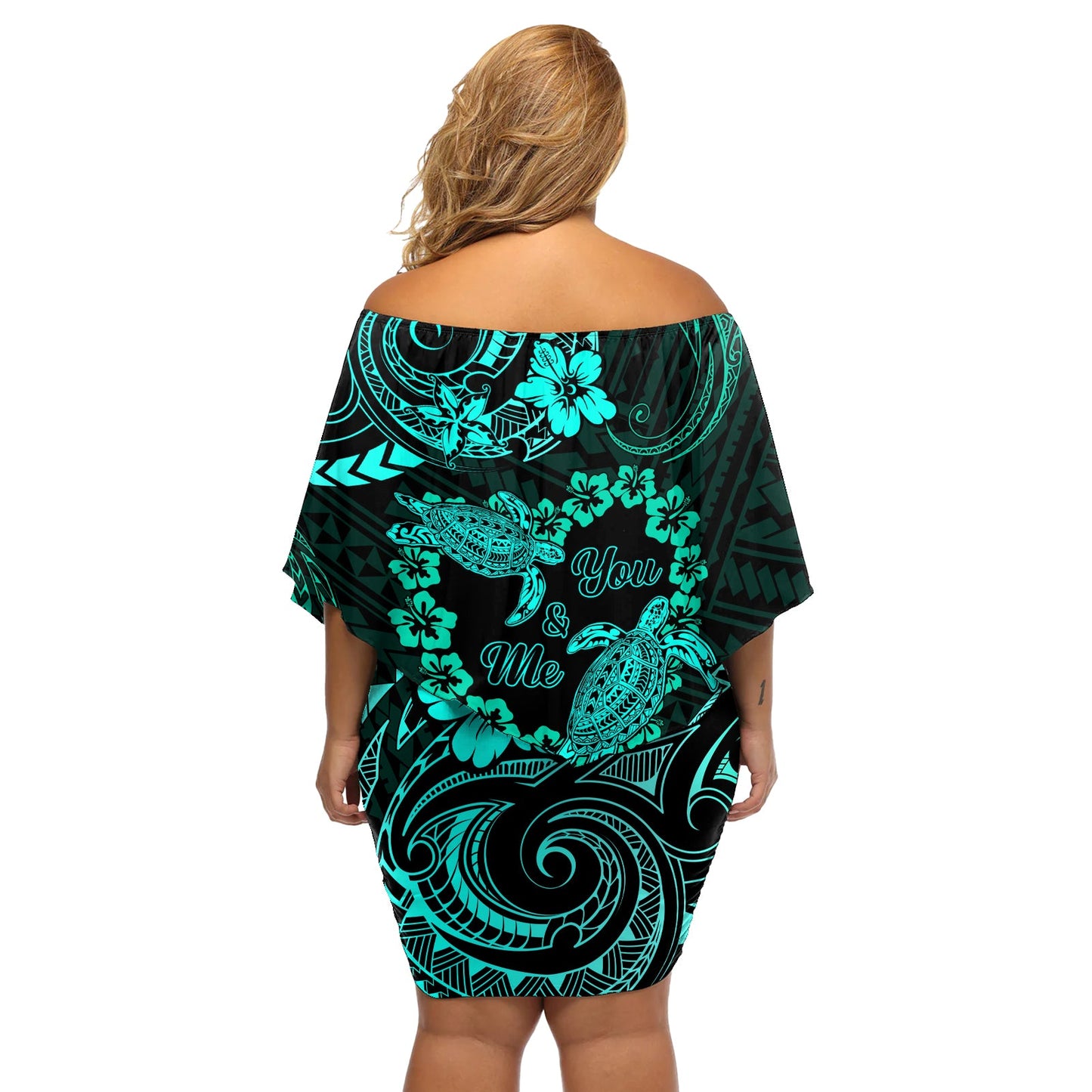 Polynesian Turtle Valentine Off Shoulder Kurzes Kleid blumen You And Me Türkis Hibiskus Herz LT01