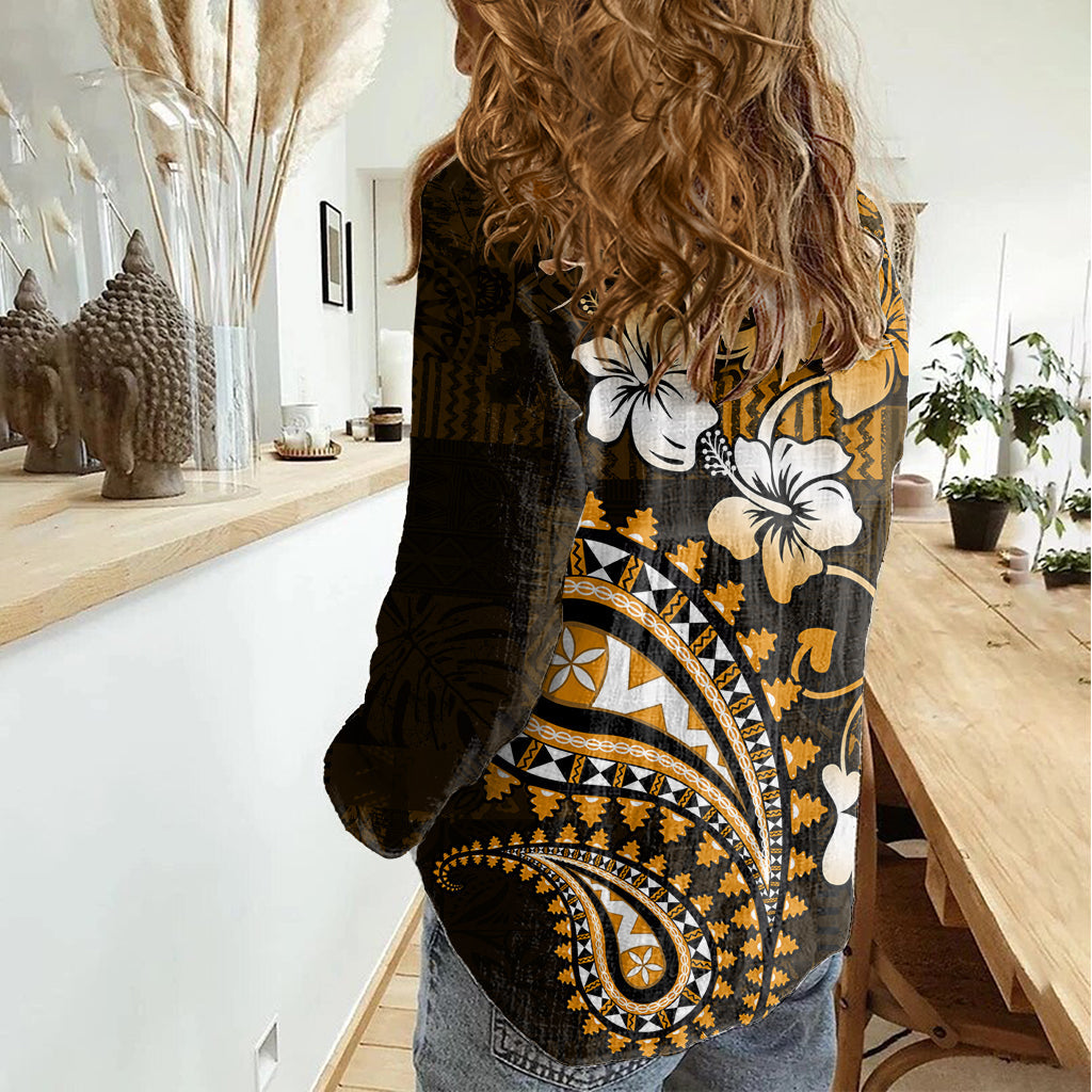 Fiji Masi Paisley mit Hibiskus Tapa Damen Freizeithemd Gold Version LT01