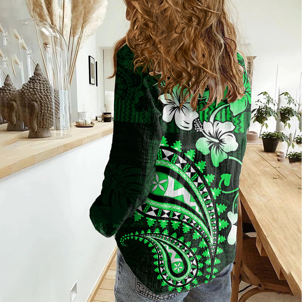 Fiji Masi Paisley mit Hibiscus Tapa Damen Freizeithemd Grüne Version LT01