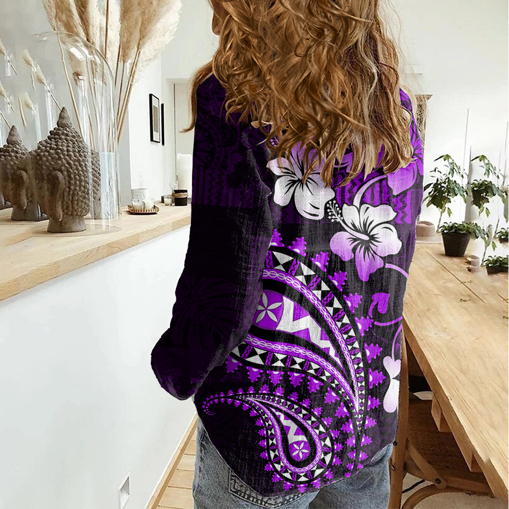Fiji Masi Paisley Damen Freizeithemd Fijian Hibiscus Tapa Lila Version LT01