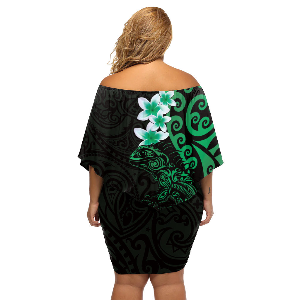 Neuseeland Tuatara Plumeria Off Shoulder Kurzes Kleid mit blumen Maori Grün Koru Tribal Tattoo LT01