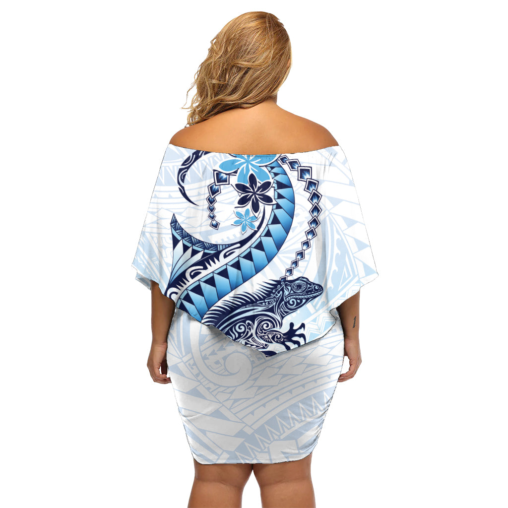 Blaues schulterfreies kurzes Maori-Tuatara-Kleid mit blumen, luxuriöses Pastellmuster, LT01