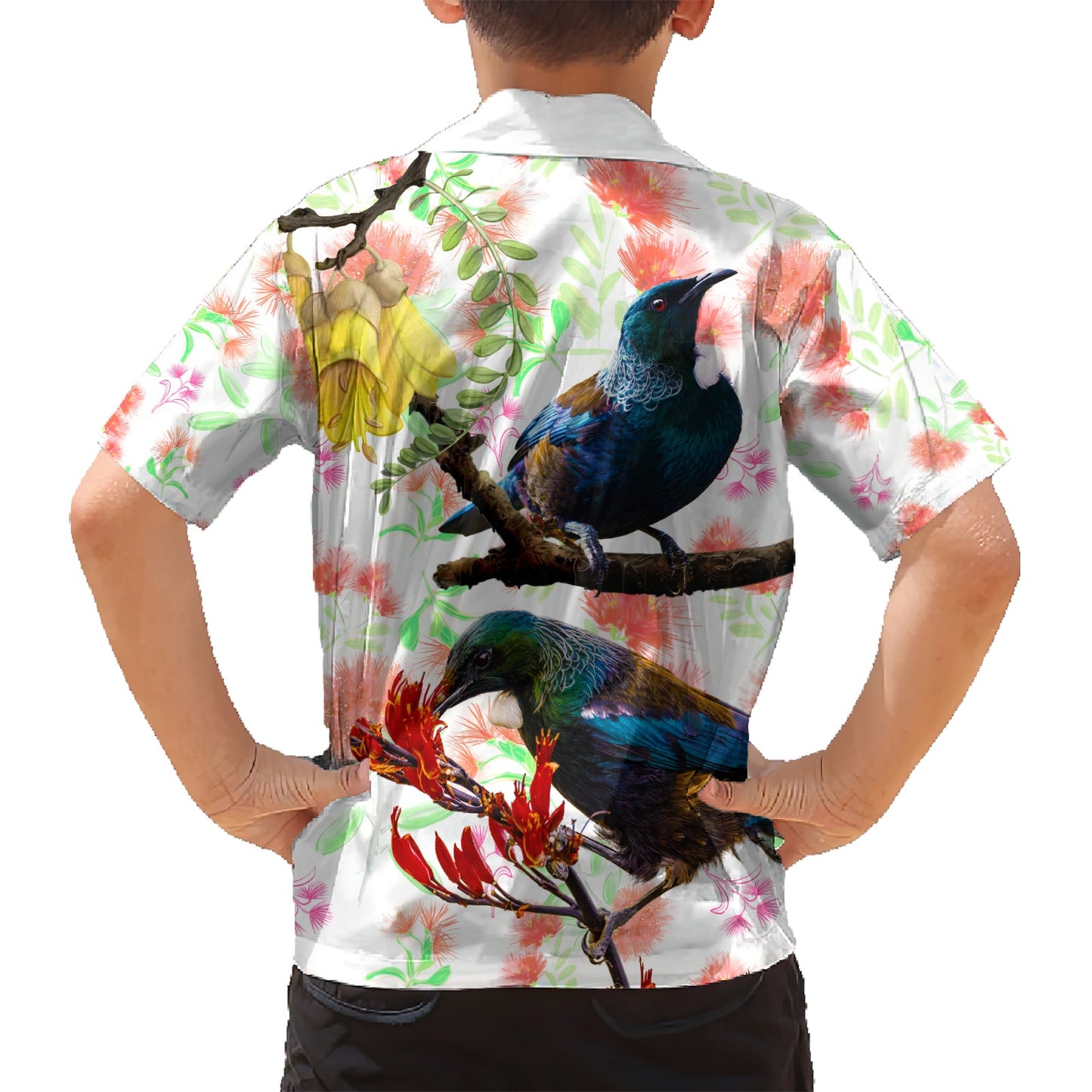 Neuseeland Pohutukawa Tui Vogel Hawaiihemd Kowhai Version LT03