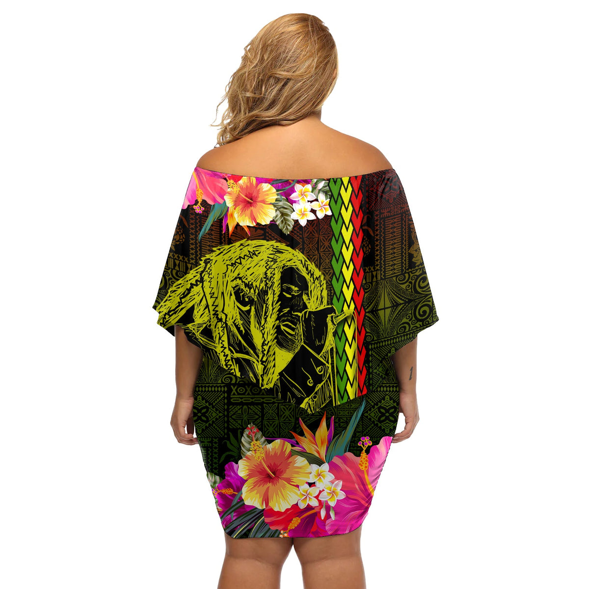 Hawaiianisches Reggae-Musik-blumen kleid, schulterfrei, kurzes blumen kleid, Jamaika-Sängerin, Tribal, Polynesier und Hibiskus LT03