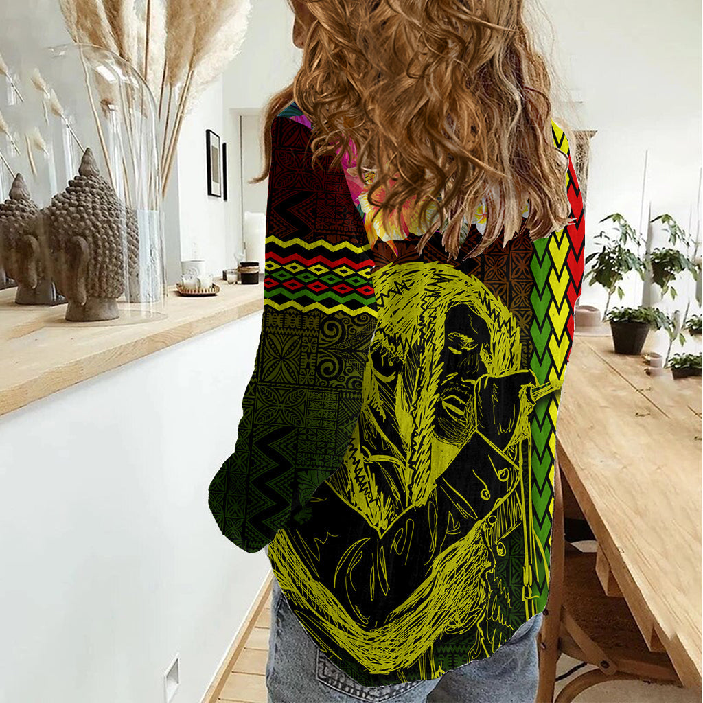 Hawaiian Reggae Musik Frauen Casual Shirt Jamaika Sänger Tribal Polynesian und Hibiscus LT03