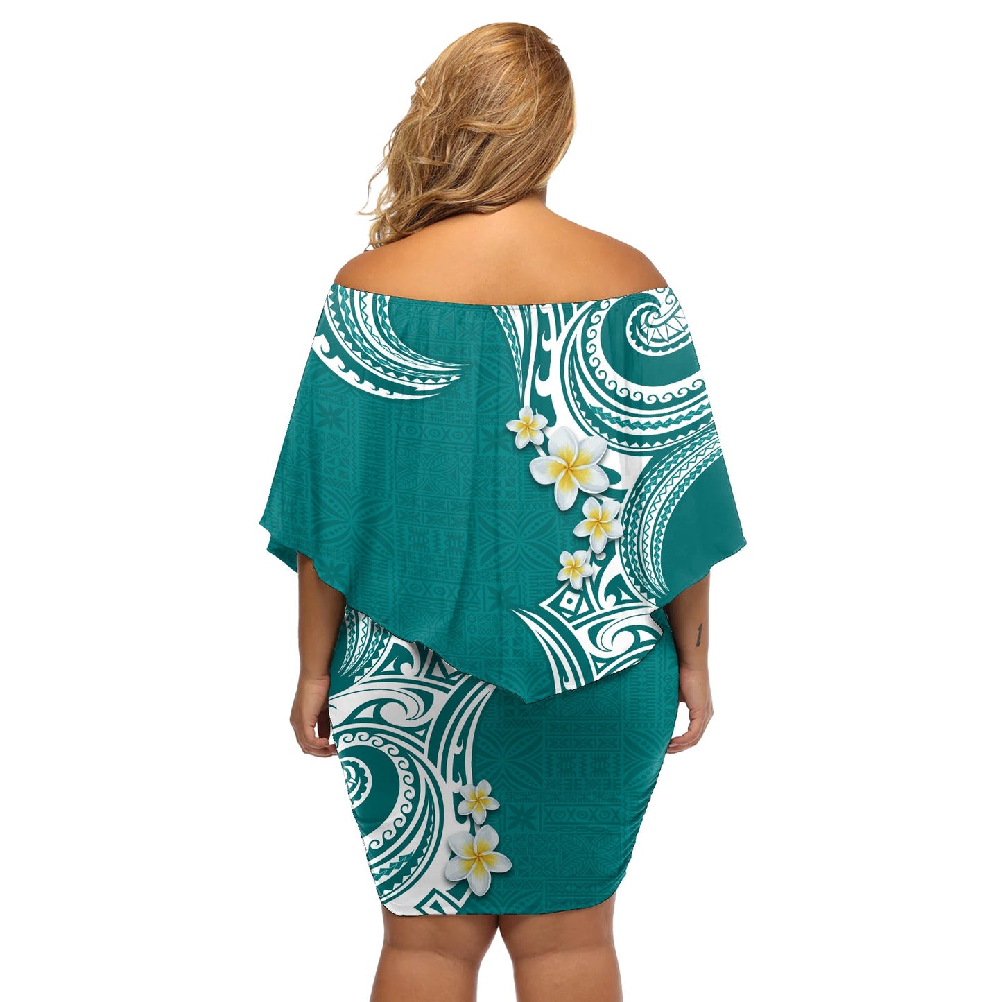 Aloha Polynesian Plumeria Blume Off Shoulder Kurzes blumen kleid Teal Farbe LT03