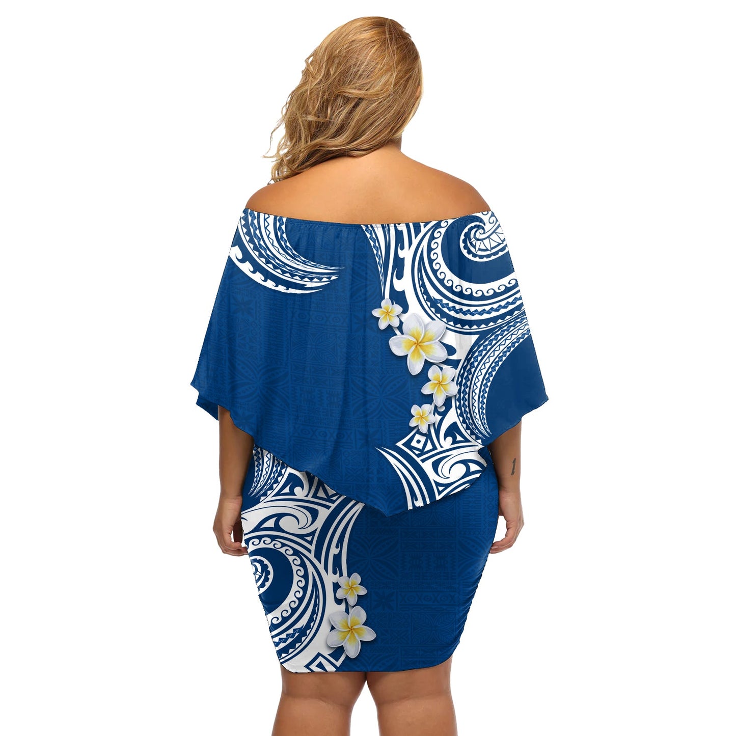 Aloha Polynesian Plumeria Blume Off Shoulder Kurzes blumen kleid Blau Farbe LT03