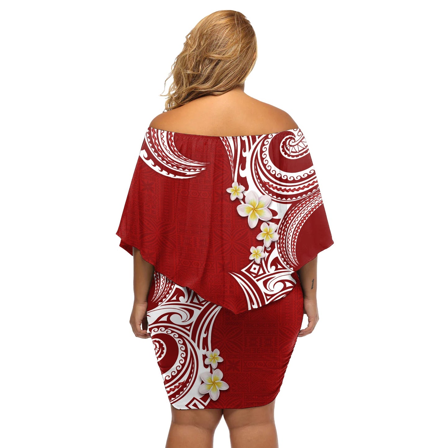Aloha Polynesian Plumeria Blume Off Shoulder Kurzes blumen kleid Rot Farbe LT03