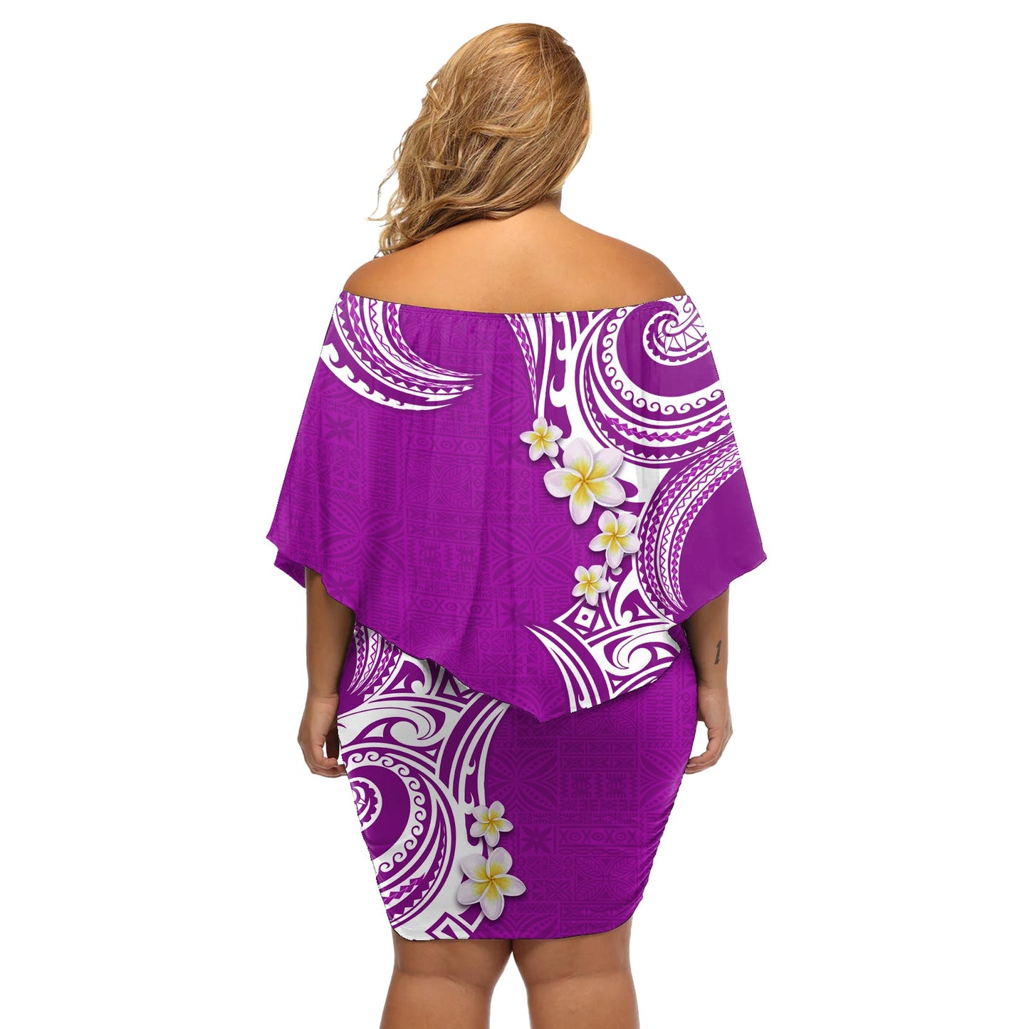 Aloha Polynesian Plumeria Blume Off Shoulder Kurzes blumen kleid Lila Farbe LT03