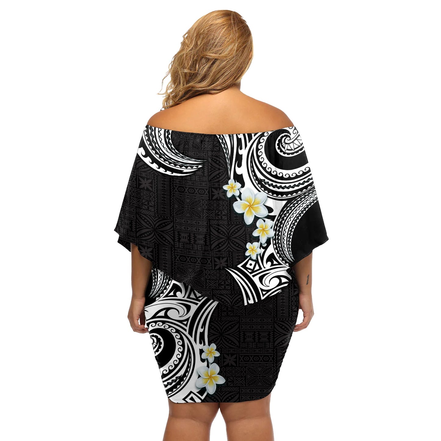 Aloha Polynesian Plumeria Blume Off Schulter Kurzes blumen kleid Schwarz Weiß Farbe LT03