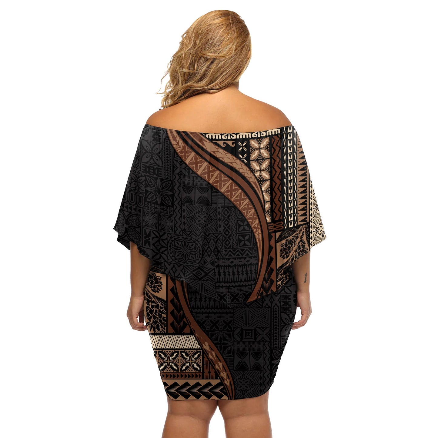 Samoa Siapo Motiv und Tapa Muster Halber Stil Off Shoulder Kurzes blumen kleid Schwarz Farbe LT03