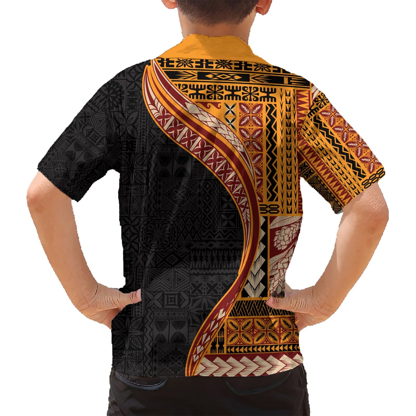 Hawaiihemd im Halbstil mit Samoa-Siapo-Motiv und Tapa-Muster, Farbe Gelb, LT03