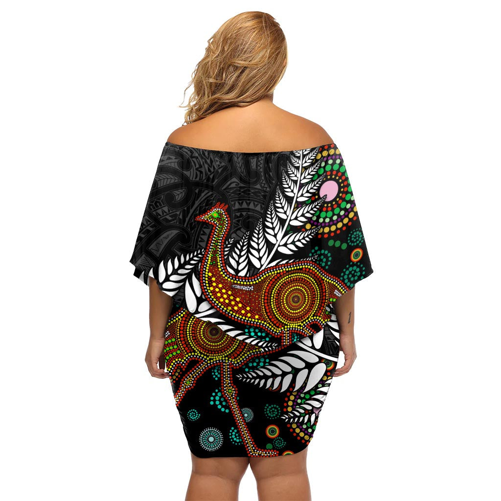 Neuseeland Farn und Australien Emu Off Shoulder Kurzes Kleid Blumen Aboriginal Mix Maori Muster LT03