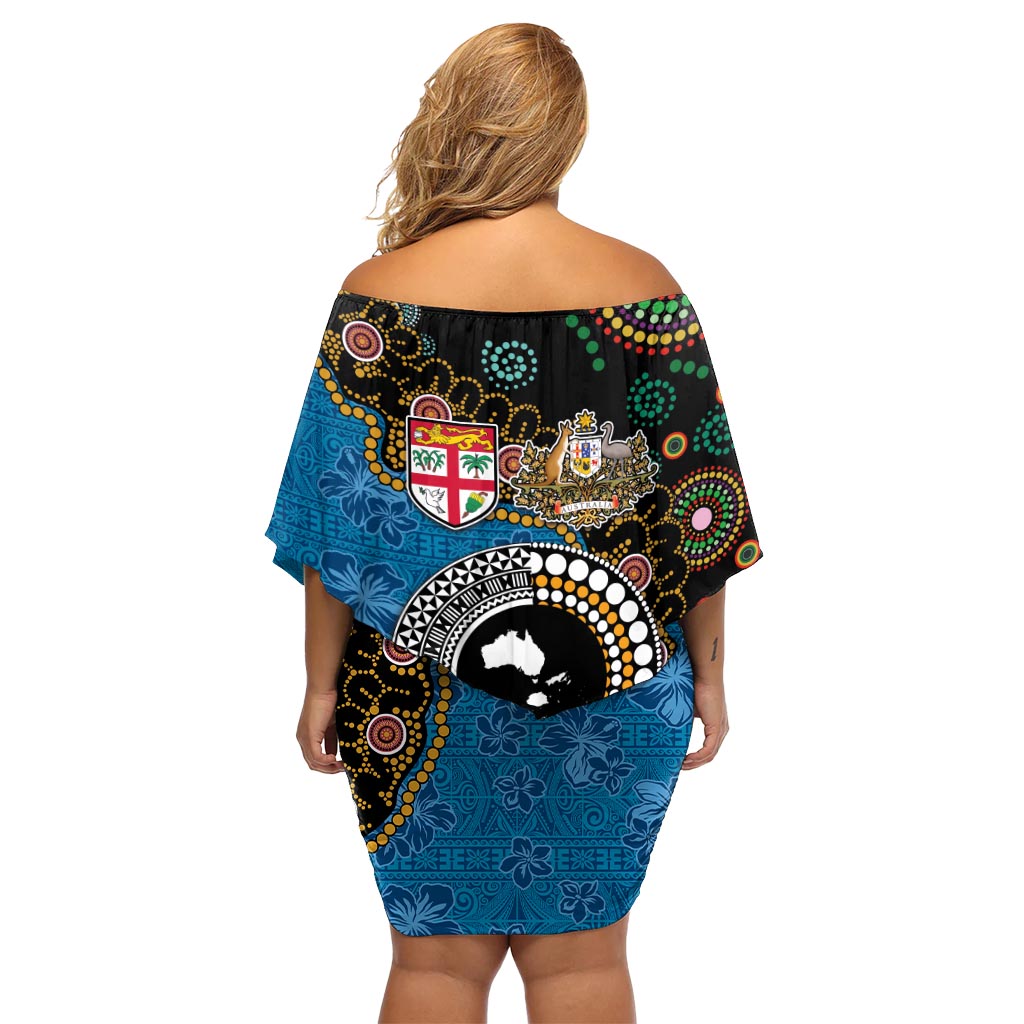 Fidschi-Palme und australisches Känguru, schulterfreies kurzes Kleid Blumen, Aborigine-Mix, Tapa-Muster LT03