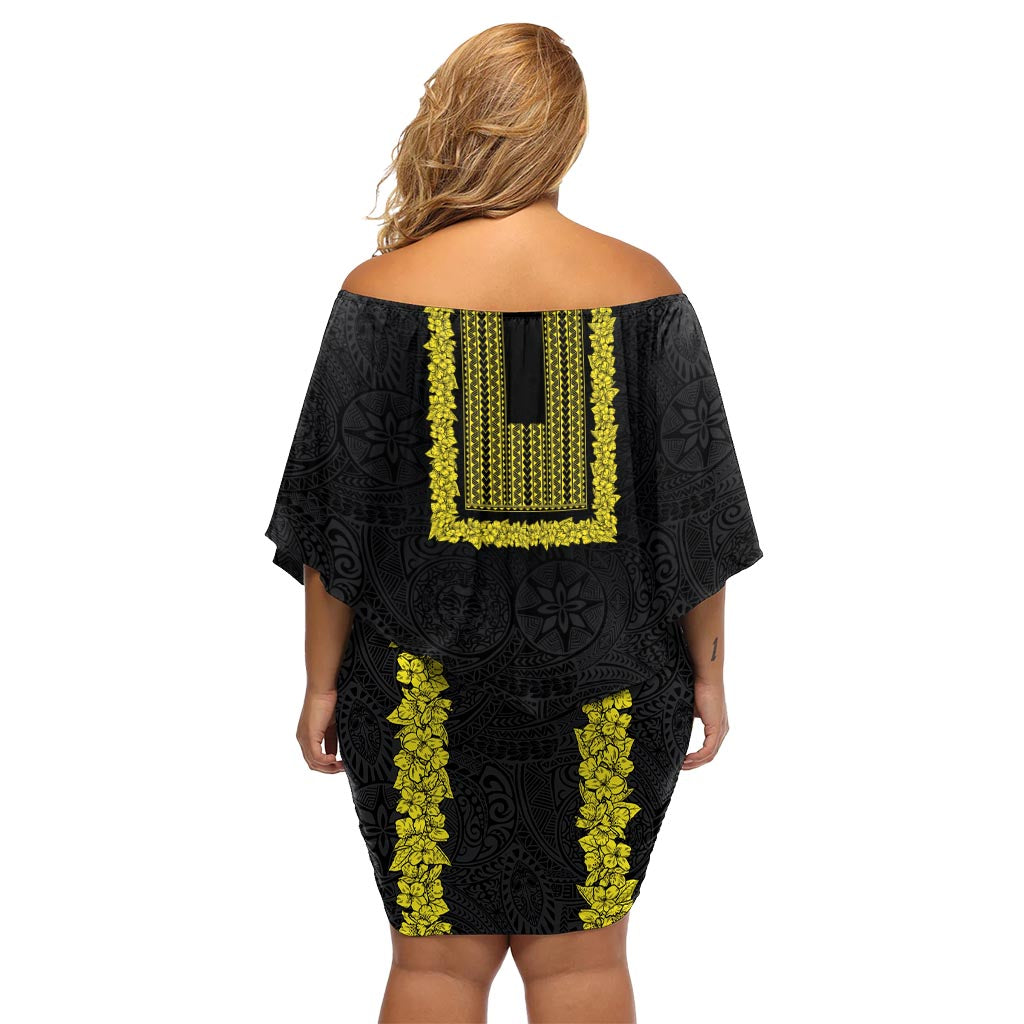 Philippinen Polynesisches Jasminmuster, schulterfreies kurzes Kleid Blumen mit Barong Tagalog, Schwarz, Stil LT03