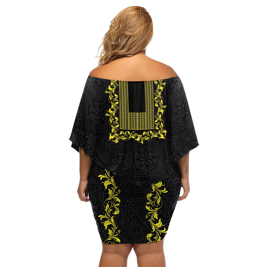 Philippinen Polynesisches Blumenmuster, schulterfreies kurzes Kleid Blumen mit Barong Tagalog, Schwarz, Stil LT03