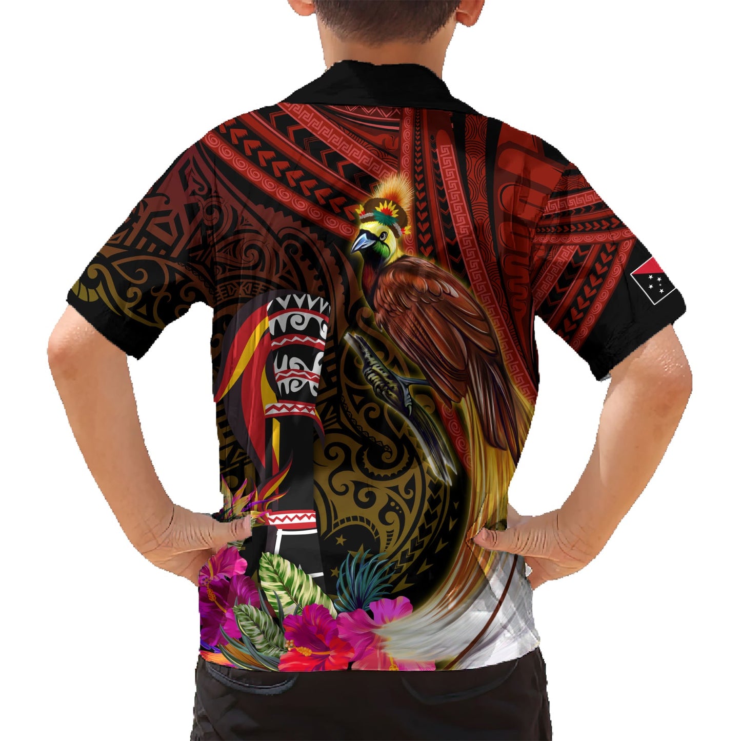 Papua-Neuguinea Paradiesvogel Hawaiihemd Hibiskus und Kundu Trommel Tribal Muster LT03