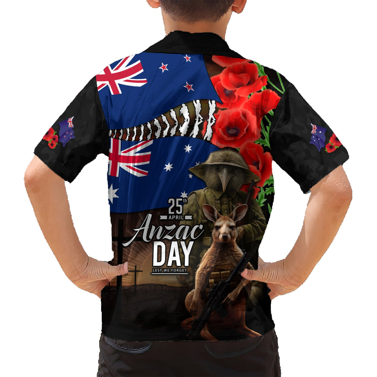 Hawaiihemd zum ANZAC-Tag in Neuseeland und Australien, Nationalflaggen-Mix aus Kiwi-Vogel und Känguru-Soldaten-Stil LT03