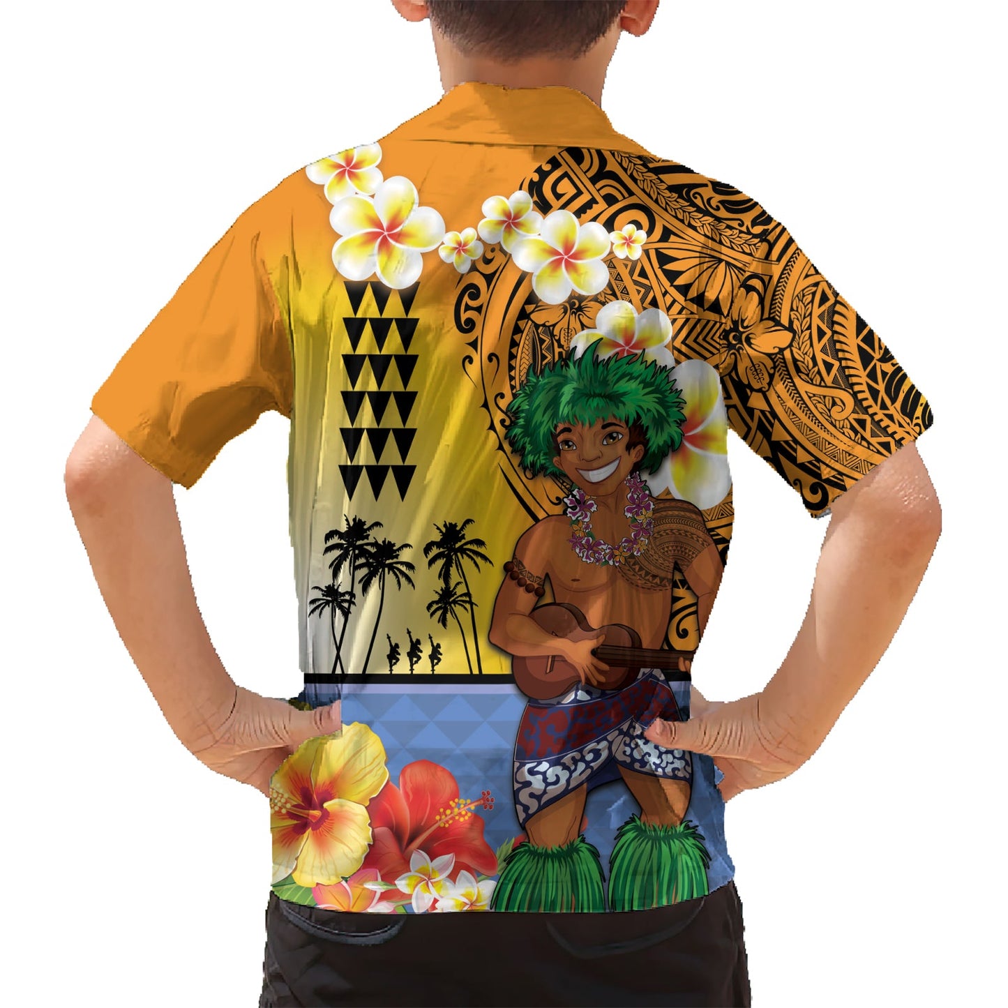 Happy Lei Day Hawaiihemd Hula Tänzer polynesisches Blumen-Kakau-Muster LT03