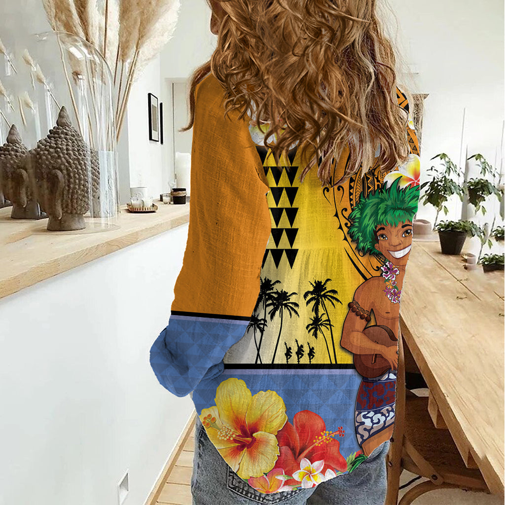 Happy Lei Day Damen Freizeithemd Hula Tänzer polynesisches Blumen-Kakau-Muster LT03