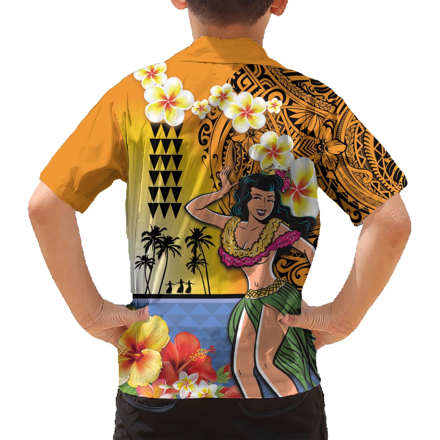 Happy Lei Day Hawaiihemd Hula-Mädchen Polynesisches Blumen-Kakau-Muster LT03