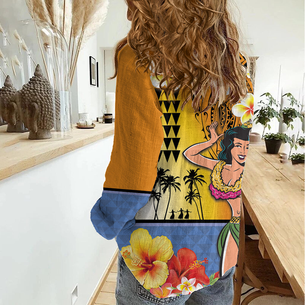 Happy Lei Day Damen Freizeithemd Hula-Mädchen Polynesisches Blumen-Kakau-Muster LT03