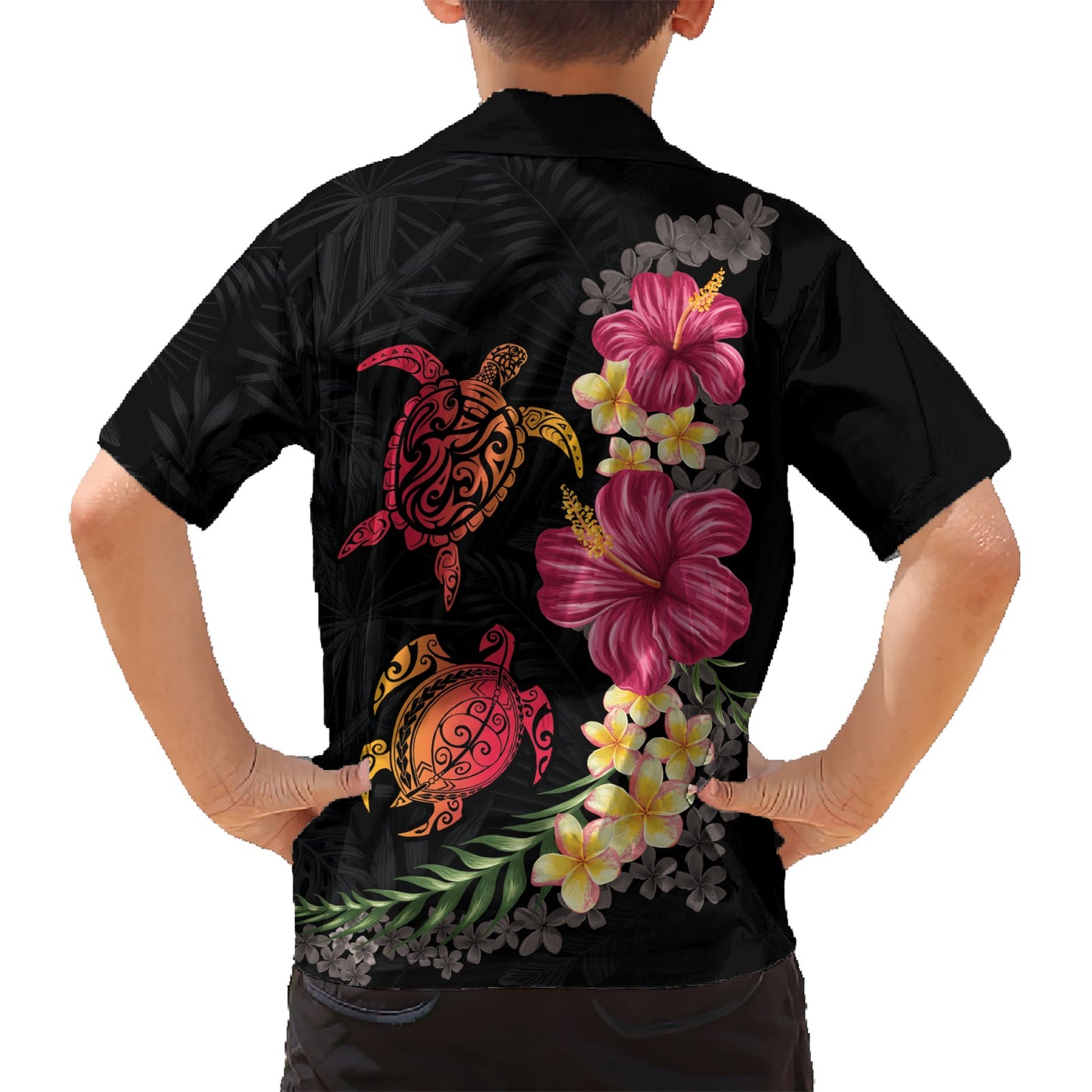 Hawaiianisches Hemd mit Blumen und Stammesschildkröte, bunt, Stil LT03