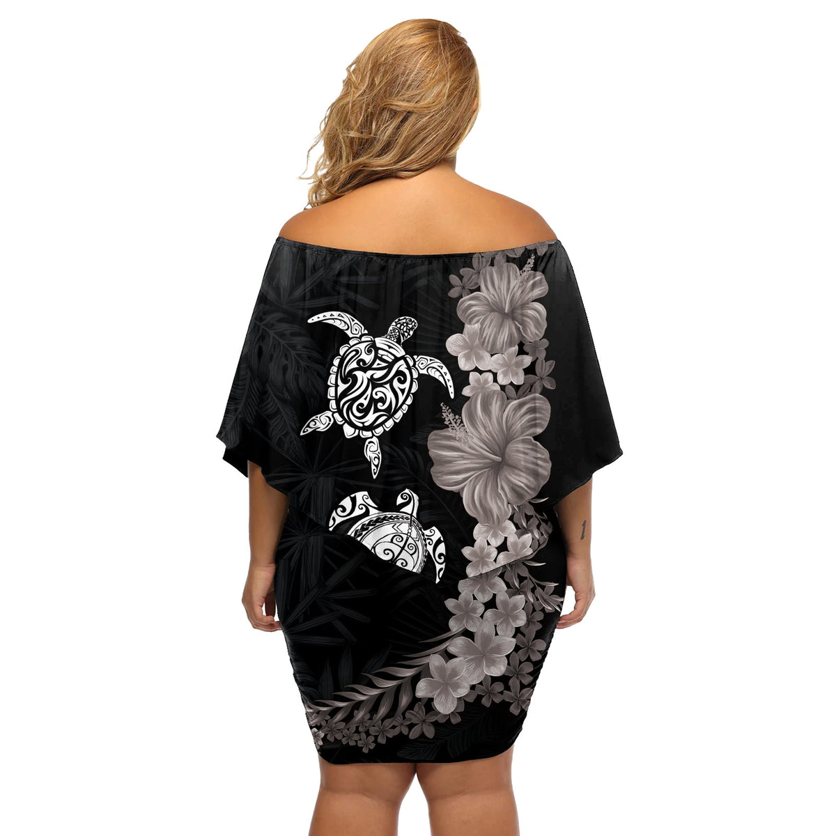 Hawaiianisches Blumen- und Stammesschildkröten-Kurzkleid mit schulterfreiem Schnitt, Graustufen-Modus LT03