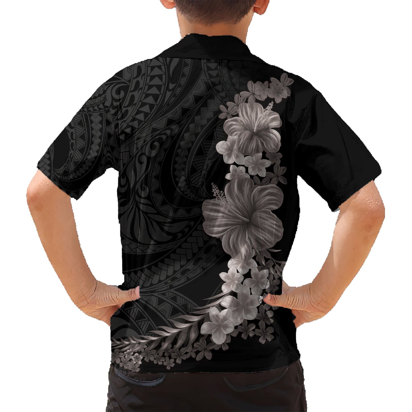 Hawaiianisches Plumeria- und Hibiskus-Hawaii-Hemd in Graustufen, Modus LT03