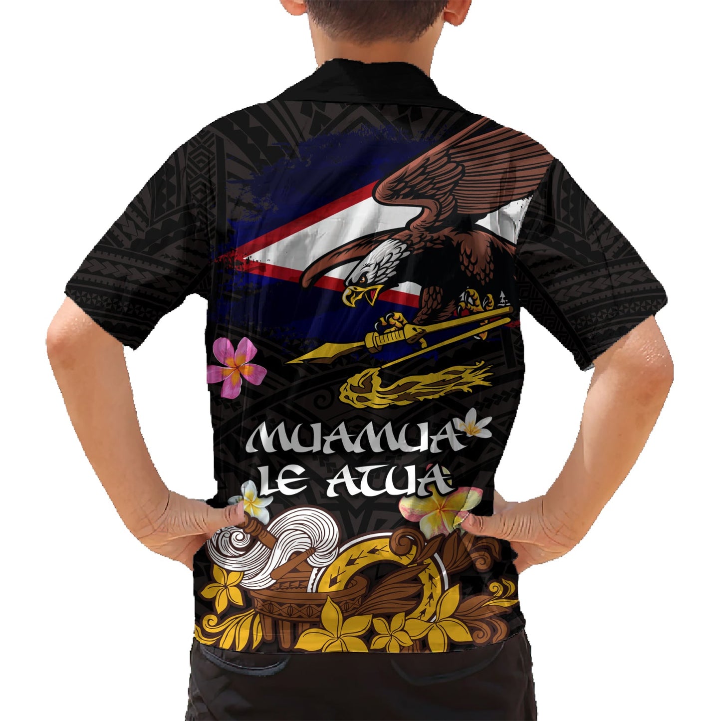 Amerikanisch-Samoa Fue und Kava Schale Hawaiihemd Plumeria und polynesisches Muster LT03